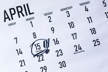 Tax Day 2020 in the United States. 2020 Tax Calendar. Important IRS Tax Due Date and Deadline marked on the April monthly calendar