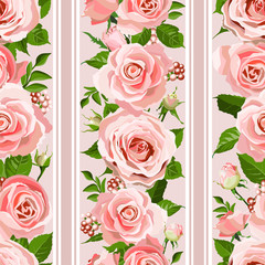 Seamless pattern with pink roses. Flowers, leaves, bud background. Abstract colorful pattern in floral style.