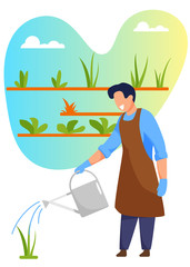 Young Man Gardener or Florist in Apron Working in Botanical Garden or Home Backyard Terrace Orangery, Watering and Planting Flowers, Plants on Shelves, Enjoying Hobby. Cartoon Flat Vector Illustration