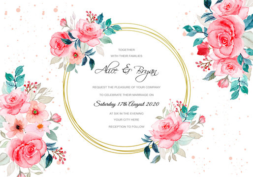 wedding card with pink flower watercolor