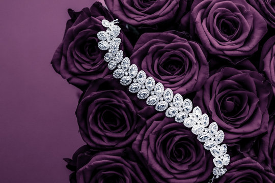 Luxury Diamond Jewelry Bracelet And Purple Roses Flowers, Love Gift On Valentines Day And Jewellery Brand Holiday Background Design