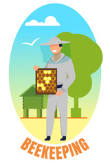 Beekeeping Banner. Man in Protective Uniform Holding Frame with Bee Honeycombs. Beekeeper Character Presenting Natural Honey Production, Ecological Food, Summer Season Cartoon Flat Vector Illustration