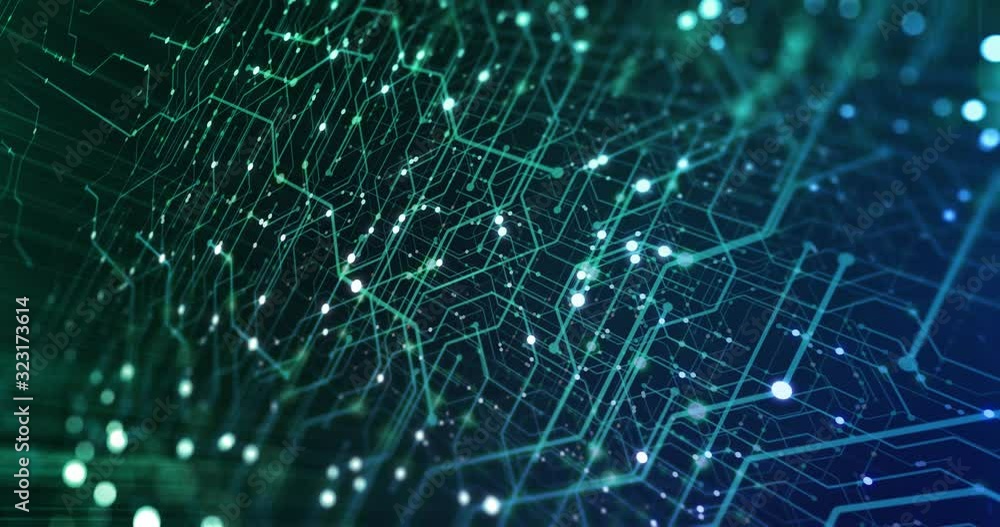 Poster abstract tech background made of printed circuit board. depth of field effect and bokeh. internet co