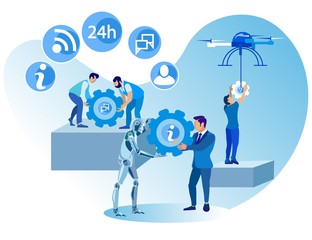 Advertising Banner Setting Call Center Cartoon. Poster Operator Leaves Good Impression Himself. Men Work in Office with Robot. Use Drones in Call Center Service. Vector Illustration.