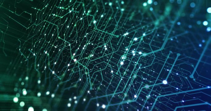Abstract tech background made of printed circuit board. Depth of field effect and bokeh. internet connections, cloud computing and neural network, big data. 3D render, 4K seamless loop	