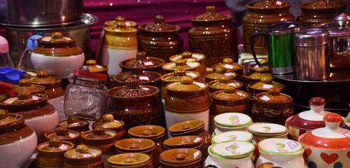 Items of Jar in various shapes and sizes for sale in a village fair. These are also known as Martbaan in Hindi Language