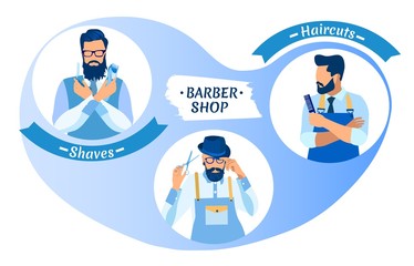 Barber Shop Haircutters Men Characters and Haircut Tools as Straight Razor, Comb, Machine, Scissors. Fashioned Bearded Hipster Avatar Guys, Shaves and Cuts Cartoon Flat Vector Illustration, Banner