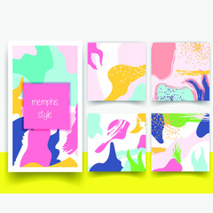 Vector set of abstract memphis style retro background with multicolored pastel simple shapes and copy space frame template design with editable text. for banner.