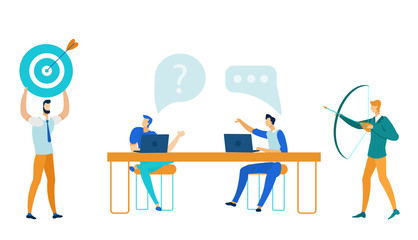 Target Marketing, SMM Flat Vector Illustration. Marketers Team, Businessmen Cartoon Characters. Colleagues Discussing Customers Attraction Strategy. Advertising Business, Internet Promotion