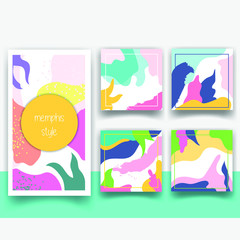 Vector set of abstract memphis style retro background with multicolored pastel simple shapes and copy space frame template design with editable text. for banner.