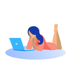 Woman in Red Dress Lying on Floor in Front Laptop. Coworking Center. Spending Time in Internet. Vector Illustration. Black Hair Woman with Laptop on White Background. Woman Communicate Online.