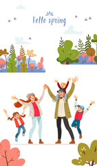 Hello Spring card with a big happy family in nature. Big happy family walking at the forest. Mom, dad and three children. The blue sky, the sun, fresh wind. Pleasure from nature and communication