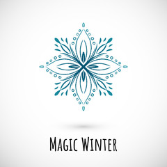 Winter hand draw blue snowflake icon, vector doodle design.