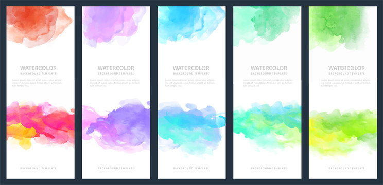 Set of light colorful vector watercolor vertical backgrounds for banner or flyer