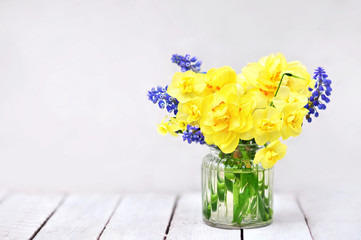 Spring blossoming yellow daffodils and blue hyacinths posy, springtime blooming narcissus (jonquil) flowers bouquet, selective focus