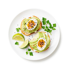 Sandwich with avocado and boiled egg. Healthy breakfast. isolated on white background