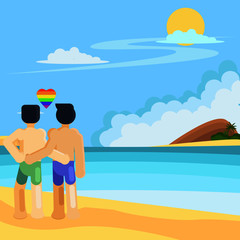 Back view homosexual  couple standing hug on beach in summer,  gay relax  in vacation at sea flat design vector .illustration vector