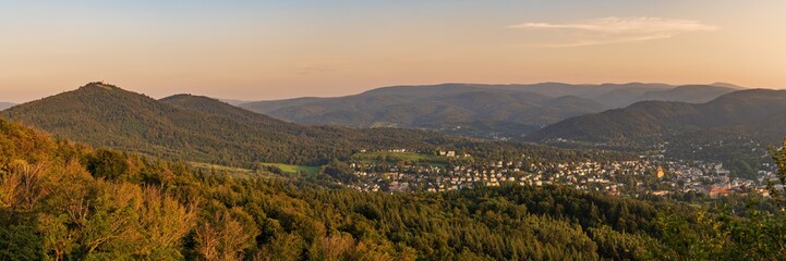 Evening light over the landscape of the Northern Black Forest near Baden-Baden, Baden-Wuerttemberg, Germany