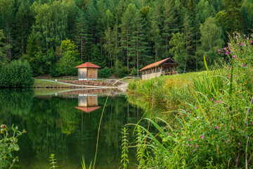 Bridge over the Nagoldtalsperre (Nagold reservoir) in the Black Forest near Freudenstadt,...