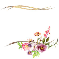 Wedding frame wreath bridal romanric rustic warm bouquet. Hand drawing watercolor pink and purple and orange flowers ornament