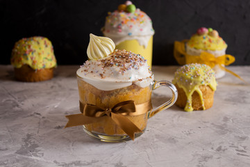 Composition of Easter cakes. Festive cake for Easter in a glass with meringue decoration and topping