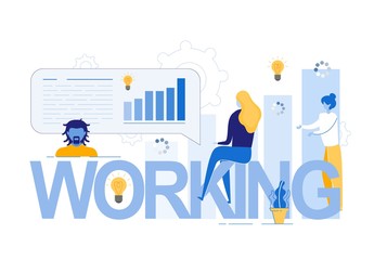 Human Resources Integrating, Employment and Recruiting. Employer Welcomes New Employee at Work. Working - Inscription, Computer Screen and Office Workers Cartoon Characters. Flat Vector Illustration.