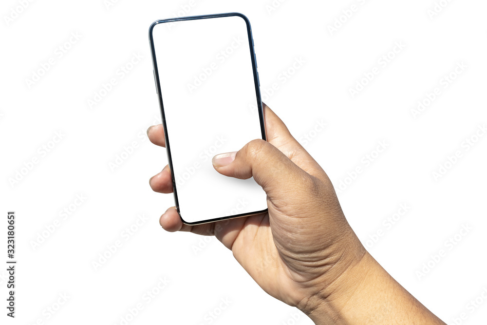 Aufkleber hand holding smartphone device and blank touching screen.isolated with clipping path on white backgr