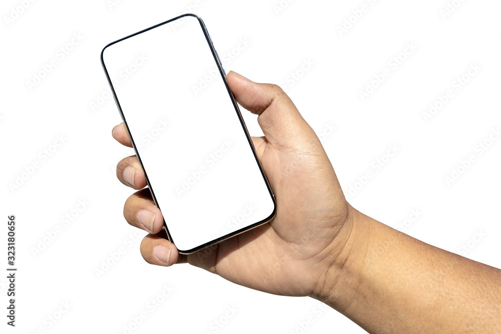 Poster hand holding smartphone device and blank touching screen.isolated with clipping path on white backgr