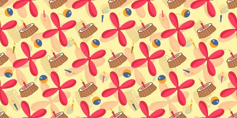 Seamless children s pattern for boys. Red propeller and cake. Holiday candles and toy ball. Toys pattern. Vector illustration. Design textile and interior room for kids..