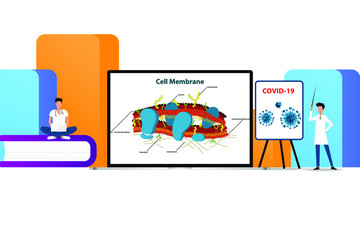 oncept of medical science, doctors are searching the research to learn and develop mechanism of pharmaceutical to against covid-19 in a background of big color book.