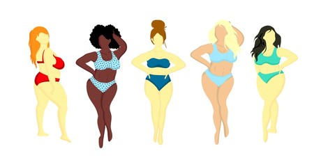 Women with different skin colors. Afroamer Ikan, European, Asian, Scandinavian. Body positive concept. Any body is beautiful. Motivationalinscription. Women in swimsuits isolated on a white backgroun.