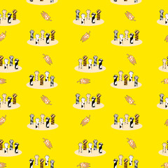 Pattern of kawaii doodle foot of many cat on yellow background for background, wallpaper, fabric textile, paper print, kids clothes.