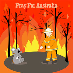 Poster of one Australian firefighter helping two koala cring from bigest forest fire in Australia.