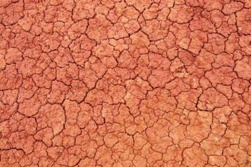 Nature background of cracked dry lands. Natural texture of soil with cracks. Broken clay surface of barren dryland wasteland close-up. Full frame to terrain with arid climate. Lifeless desert on earth