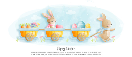 Watercolour Happy Easter card with rabbit vector illustration .