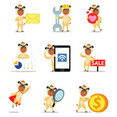 Set character of man in meerkat costume with a cute tail.