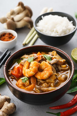 Traditional spicy Thai soup Tom Yum Goong or Tom Yum Kung.