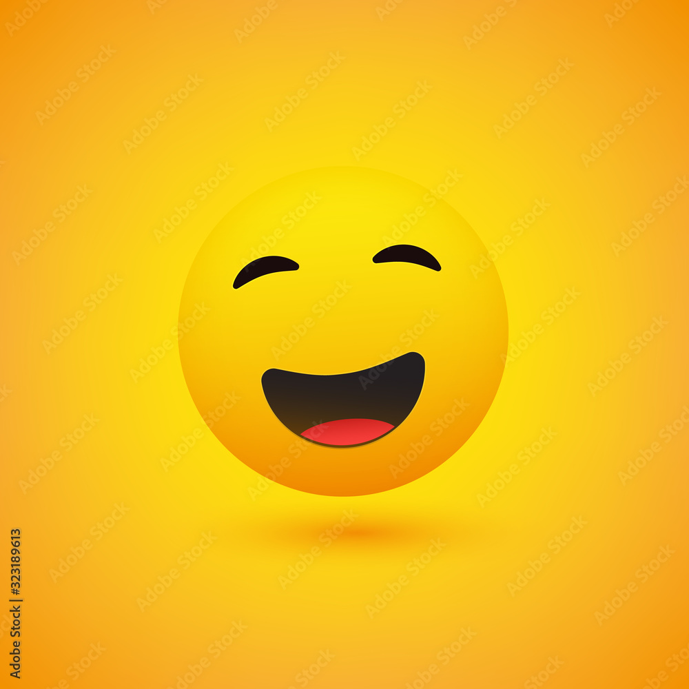 Poster smiling emoji - simple happy emoticon on yellow background - vector design concept