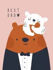 Childish print with cute bear family. Best dad celebration. Trendy kids vector print. Ideal for creating posters, cards, prints, digital paper, kids clothing, nursery prints and kids room decor