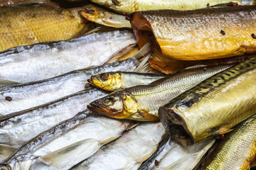 fish smoked mackerel and herring on store counter or fish market
