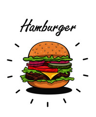 Vector hand drawn pop art illustration of hamburger, Fast food. Retro style. Hand drawn sign. Illustration for print, web.