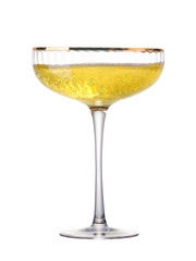 Glass for champagne with splashes isolated on white background.