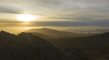 Snowdonia sunrise view of Tryfan mountain and the Welsh countryside