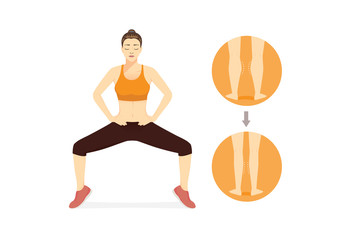 Woman doing Sumo Squat With Calf Raises for get rid fat leg, calf and thighs. Illustration about workout for beauty shape of women.