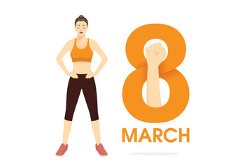 Logo 8 march with raised arm fist and healthy woman standing with arms akimbo side of number. Illustration about International Women's Day and strong power.