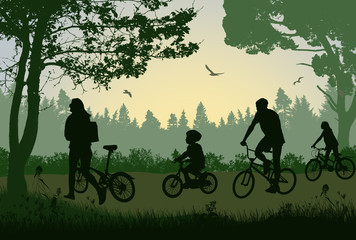Family on cycle ride on a summer trip