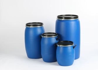 blue plastic barrel, container isolated on white background