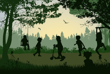 Naklejka na ściany i meble Happy children silhouette playing in a park
