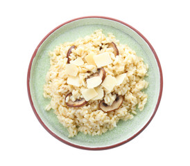 Delicious risotto with cheese and mushrooms isolated on white, top view