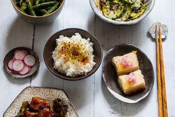 Japanese set meal with rice, tofu, chicken and vegetables